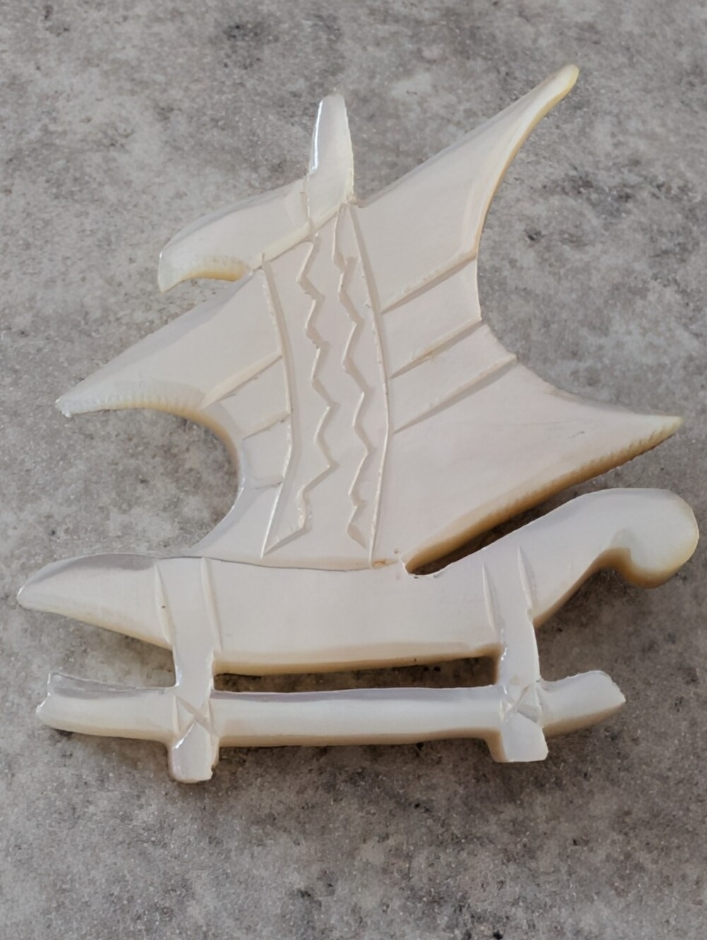 Vintage Mother Of Pearl Hand Carved Sailboat/Junkboat Brooch